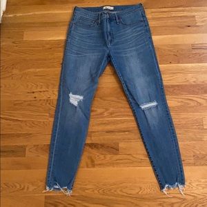 Blue high rise distressed skinny jeans